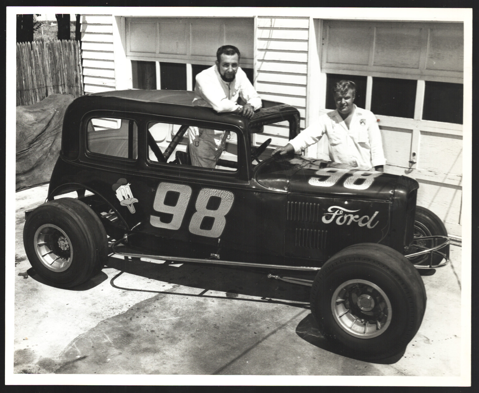 Bart Monley & J.R. Denning #98 Flathead Ford Sedan Race Car 8 x 10 B&W Photo (1956)