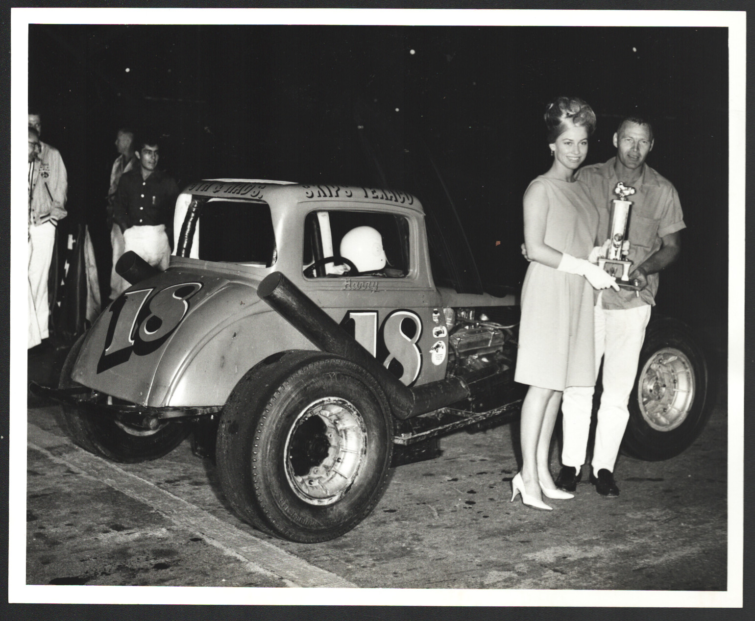 Harry McCool #18 Stock Car Winner Trophy 8 x 10 B&W Photo (Copy) (1950's)